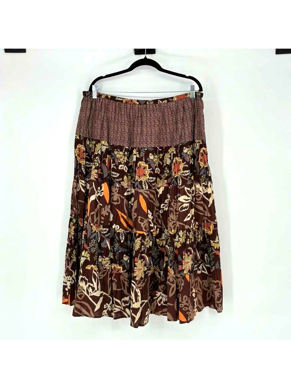 Notations Brown Floral Tiered Cotton Boho Midi Skirt - Size XL